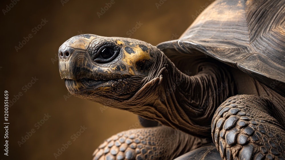 Close-up portrait of a large tortoise, showcasing its textured shell and expressive eyes against a blurred brown background. Close-up portrait of a large tortoise, showcasing its textured shell and expressive eyes against a blurred brown background.
