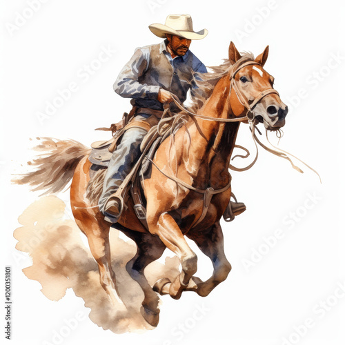 Western Cowboy Riding Horse Illustration - Vintage Style Action Scene Perfect for Wild West Themed Projects