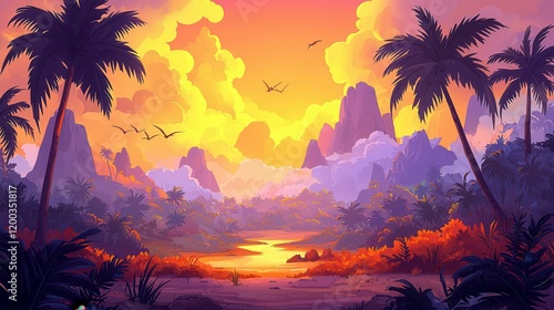 A tropical landscape at sunset featuring silhouetted palms and mountains in vibrant shades of orange and purple.