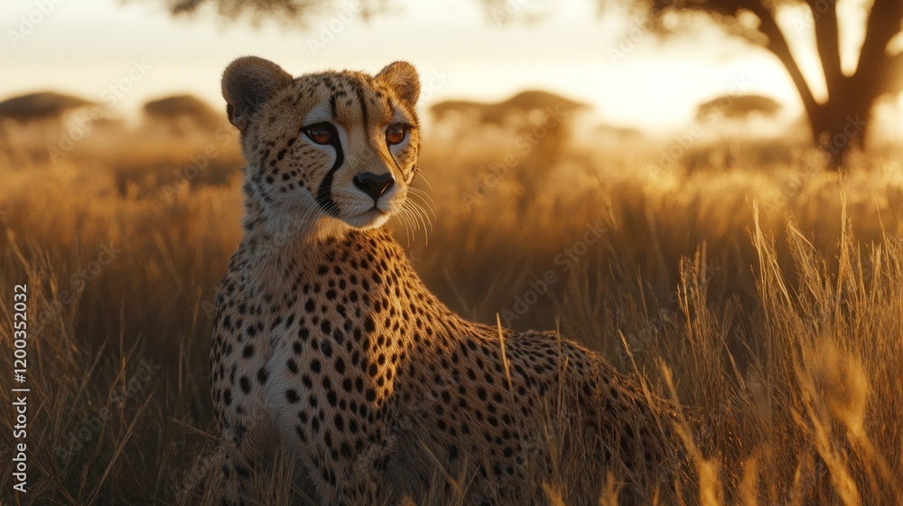 Obraz premium Cheetah in golden savanna grass at sunrise, looking regal and alert.