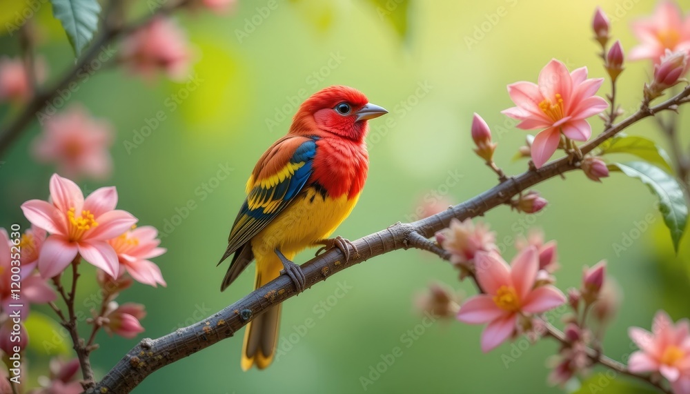 Colorful Red Bird Perched on a Pink Flowering Tree Branch Colorful Red Bird Perched on a Pink Flowering Tree Branch