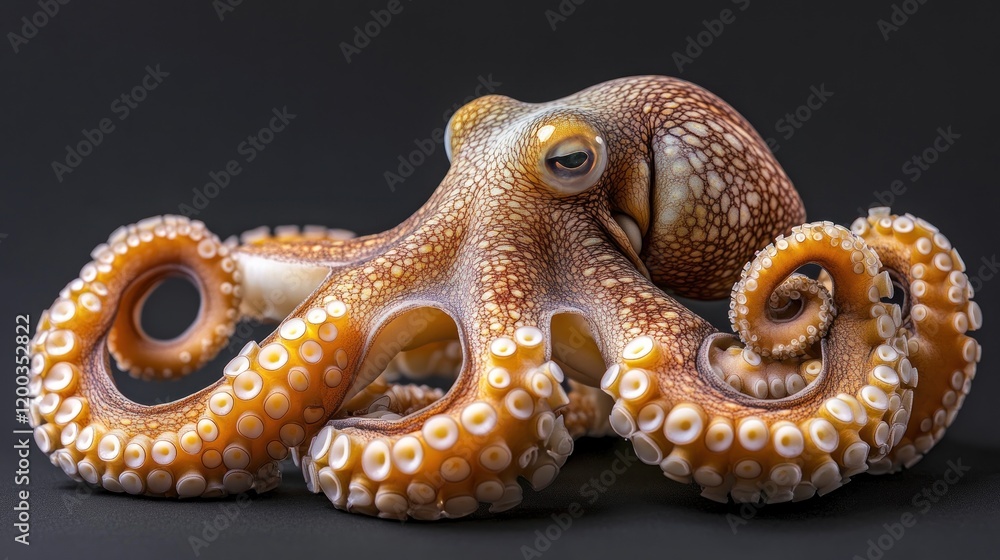 Obraz premium Close-up of a vibrant octopus with curled tentacles on a dark background.