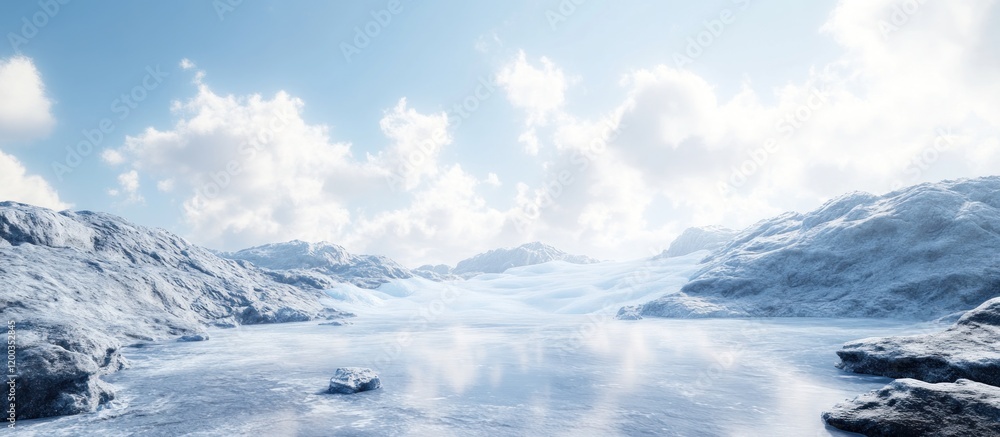 Serene snow-covered mountains reflected in a calm glacial lake under a bright sky. Serene snow-covered mountains reflected in a calm glacial lake under a bright sky.