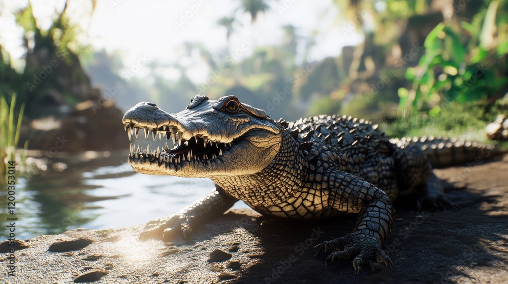 Fototapeta premium A large alligator rests near a jungle riverbank at sunrise.