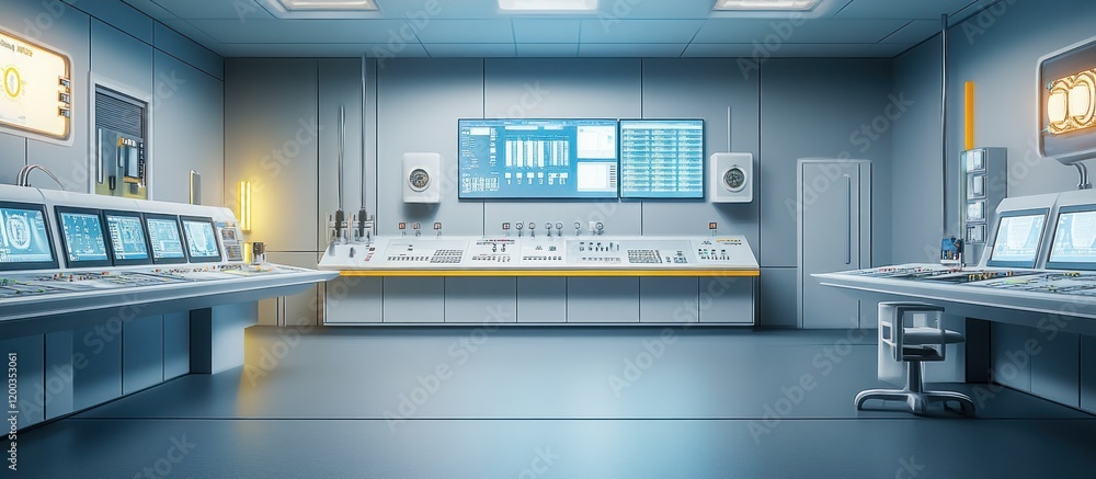Futuristic control room with monitors, consoles, and workstations. Futuristic control room with monitors, consoles, and workstations.