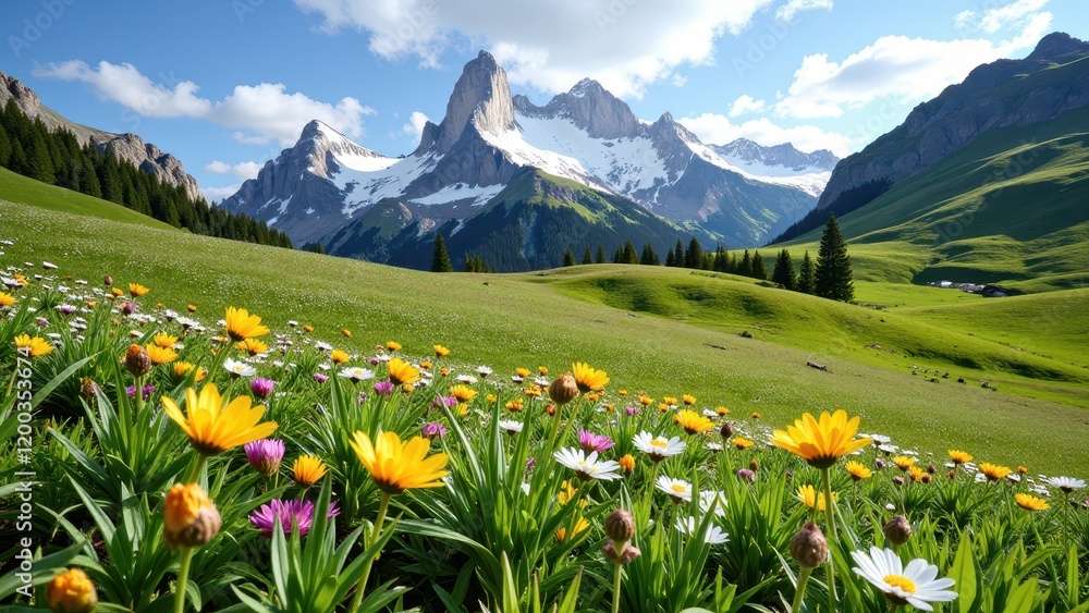 Fototapeta premium A vibrant meadow blooms with golden daisies and wildflowers under an open sky, nestled in the bottom right, showcasing a palette of yellows, whites, and purples against nature's canvas