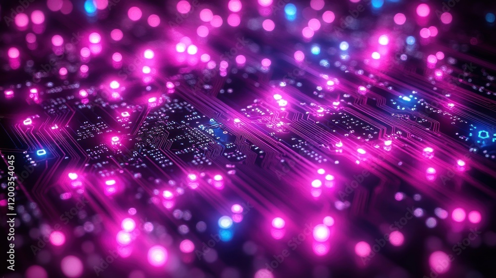 Glowing circuit board with pink and blue lights. Glowing circuit board with pink and blue lights.