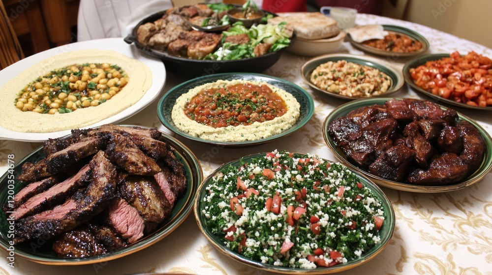 An Overhead View of a Middle Eastern Feast with Various Dishes on a Table An Overhead View of a Middle Eastern Feast with Various Dishes on a Table