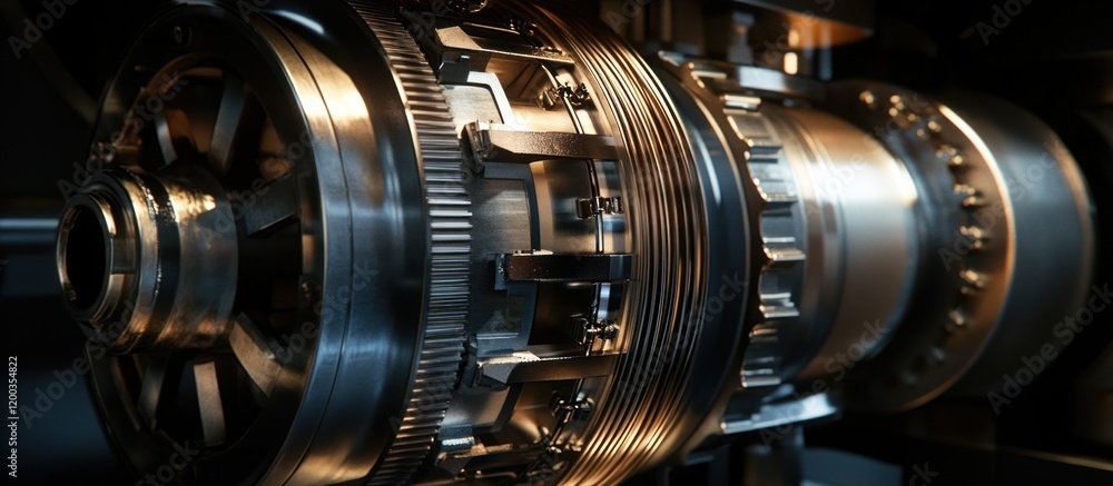 Close-up of intricate metallic gear system, industrial machinery detail. Close-up of intricate metallic gear system, industrial machinery detail.