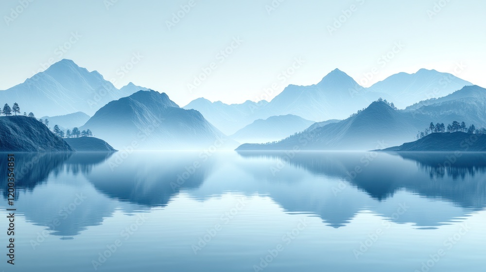 Serene misty lake, mountain reflection, dawn Serene misty lake, mountain reflection, dawn