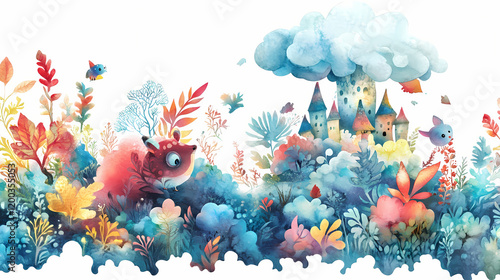 Isolated on white background clip art whimsical watercolor enchanted forest creatures with playful expressions and vibrant foliage. Whimsical Cloud Castle. Illustration photo