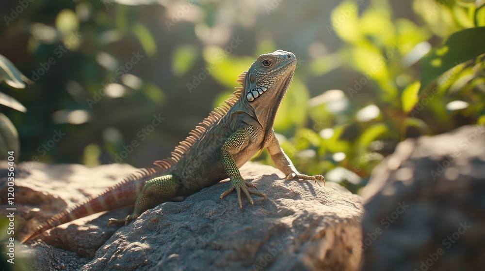 Green iguana basking on rock in sunlight, vibrant tropical foliage background. Green iguana basking on rock in sunlight, vibrant tropical foliage background.