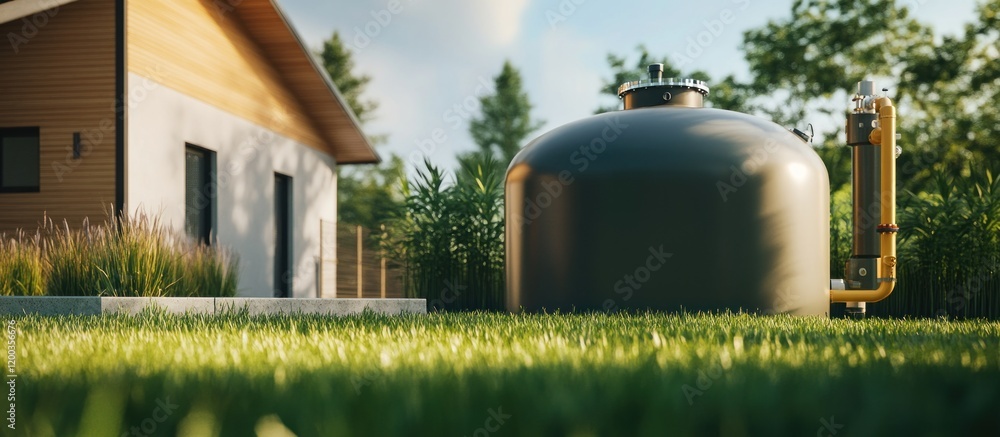 Modern home with a large, dark gray water tank in the grassy backyard. Modern home with a large, dark gray water tank in the grassy backyard.