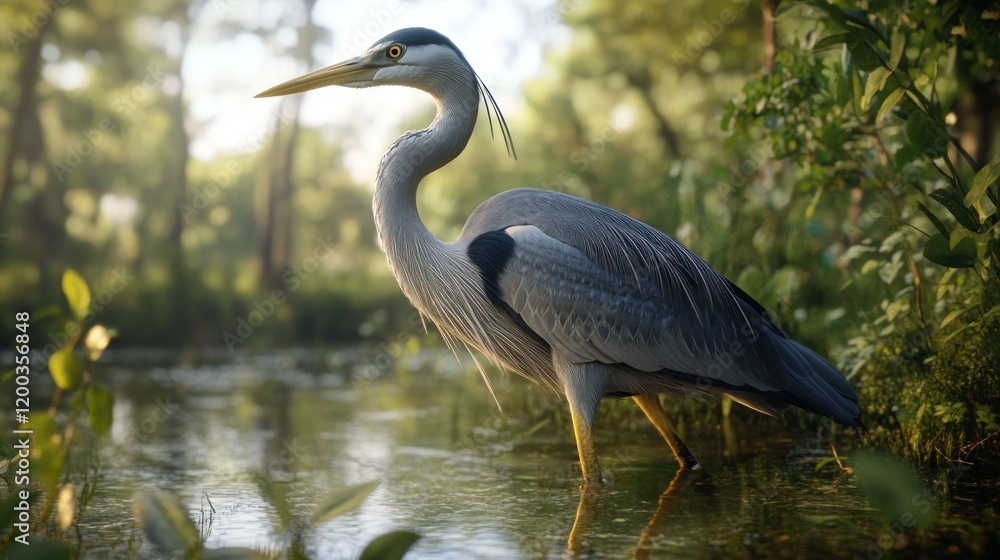 Naklejka premium Grey heron wading in shallow water, sunlight through trees.