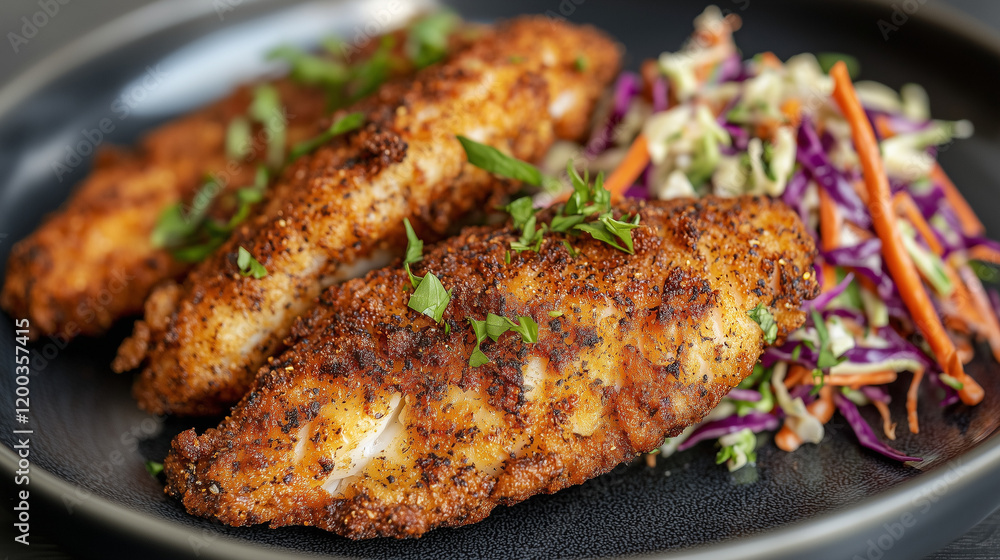 Three crispy fried fish fillets are served on a dark plate with a side of vibrant coleslaw. Garnished with fresh herbs, its a delicious and visually appealing meal. Three crispy fried fish fillets are served on a dark plate with a side of vibrant coleslaw. Garnished with fresh herbs, its a delicious and visually appealing meal.