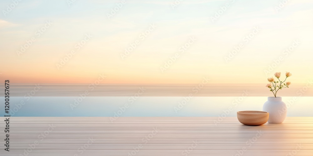 Tranquil Ocean Sunrise Over Minimalist Wooden Deck - Scenic Background 16