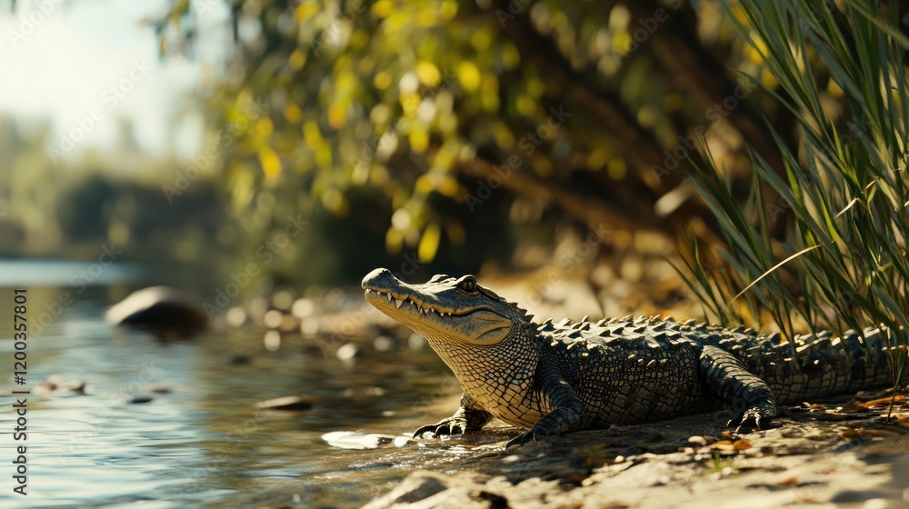 Fototapeta premium Alligator basking on riverbank, sunlit scene.
