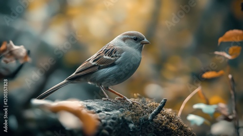 Small bird perched on mossy branch, autumn leaves blurred background.