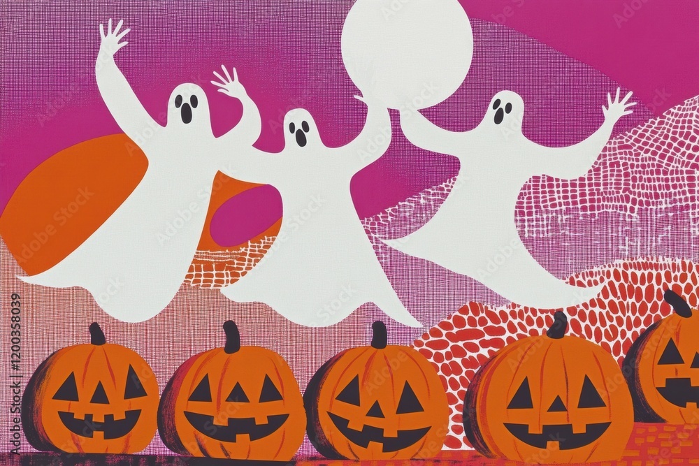 Naklejka premium Playful halloween scene with dancing ghosts and carved pumpkins under a colorful sky