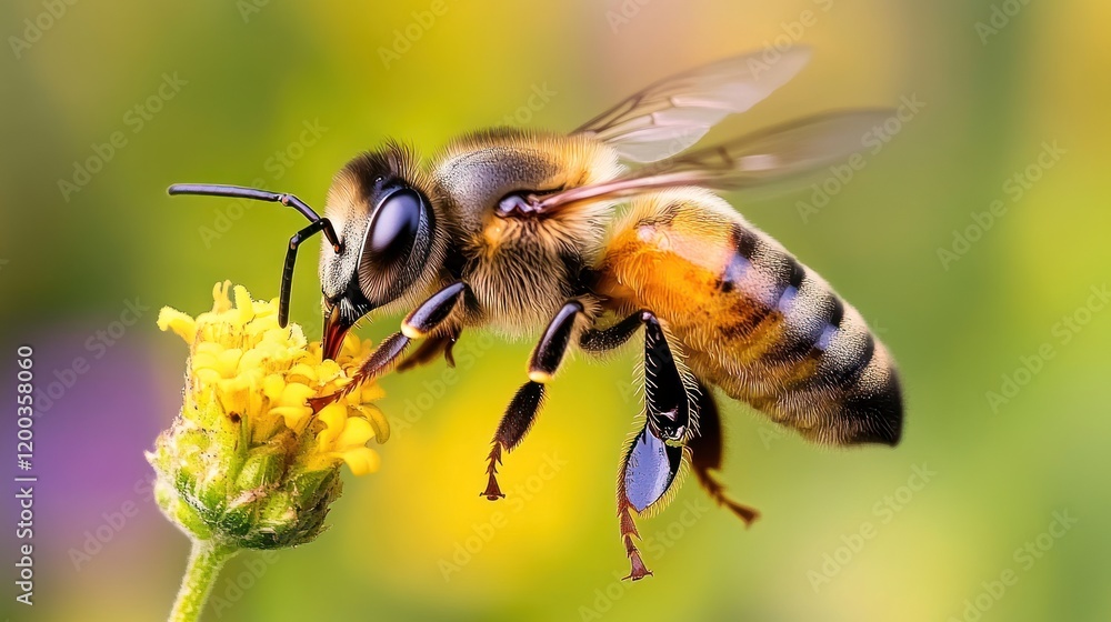 Honeybee in flight, collecting pollen from a yellow flower.