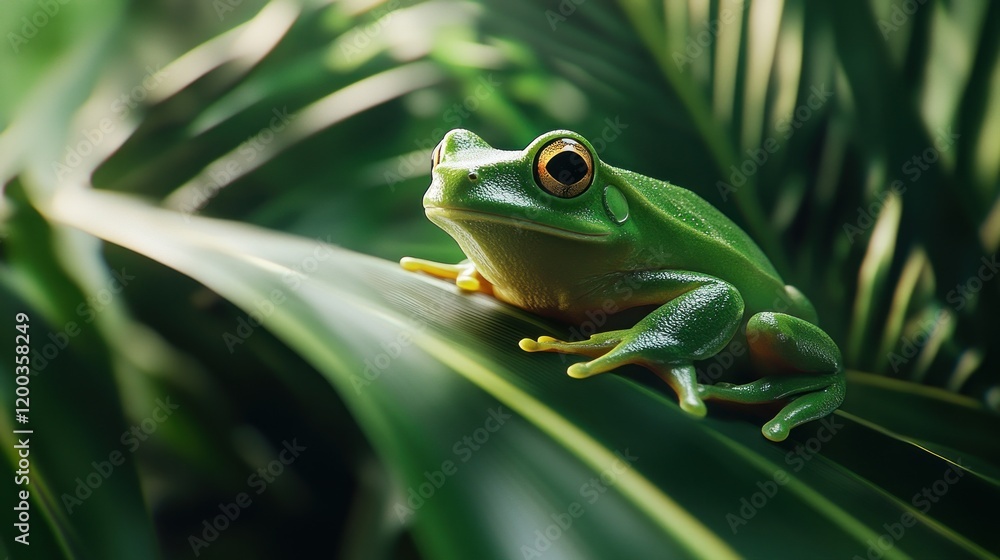 Green tree frog perched on a vibrant tropical leaf. Green tree frog perched on a vibrant tropical leaf.