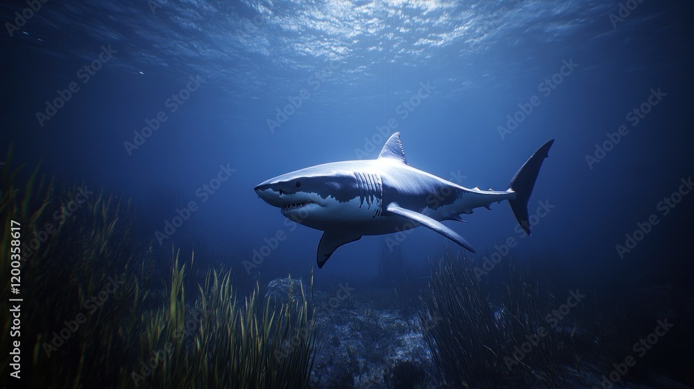 Great white shark swimming in deep ocean, sunlight illuminating it from above, seagrass in foreground. Great white shark swimming in deep ocean, sunlight illuminating it from above, seagrass in foreground.