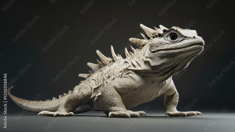 Obraz premium A 3D render of a white, spiky lizard-like creature, posed against a dark background.