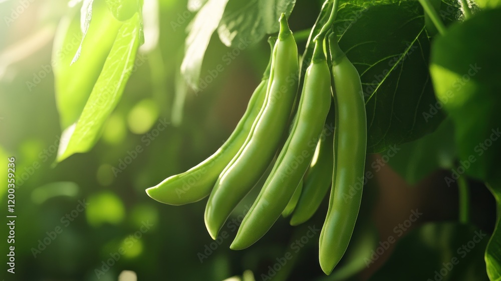 Fresh green beans hanging on a plant in sunlight. Fresh green beans hanging on a plant in sunlight.