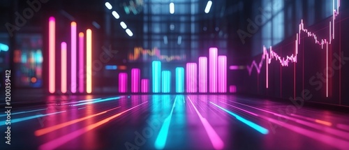 Wallpaper Mural A vibrant, digital representation of data visualizations, featuring colorful bar graphs and line charts against a modern, reflective background. Torontodigital.ca