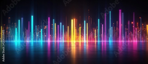 A vibrant digital soundwave representation with colorful vertical bars against a dark background, symbolizing music and energy.