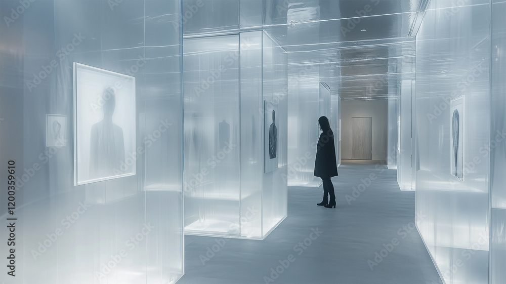 Fototapeta premium 隠し扉の先に広がる透明化された美術展示室の幻想