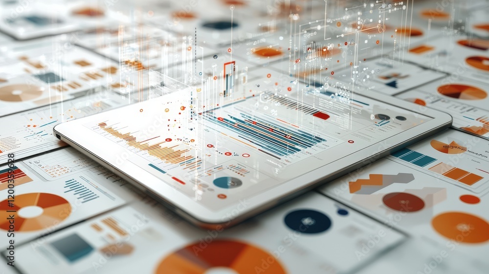 Fototapeta premium A modern tablet displaying colorful data visualizations on a surface filled with charts and graphs, emphasizing analytics and information processing.