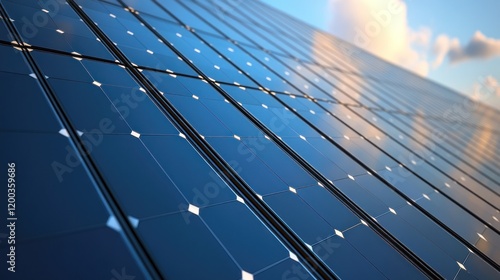 Close-up of solar panels angled towards a bright sky. photo