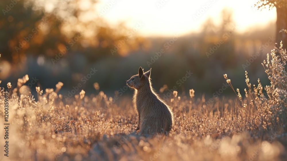 A lone young hare sits in a field at sunset, backlit by the golden hour light. A lone young hare sits in a field at sunset, backlit by the golden hour light.
