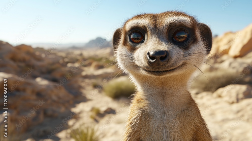 Fototapeta premium Close-up of a cute meerkat smiling in a desert landscape.