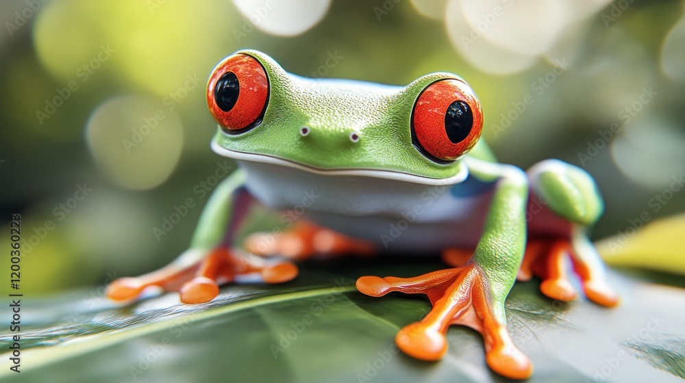 Fototapeta premium Close-up of a vibrant red-eyed tree frog perched on a lush green leaf.