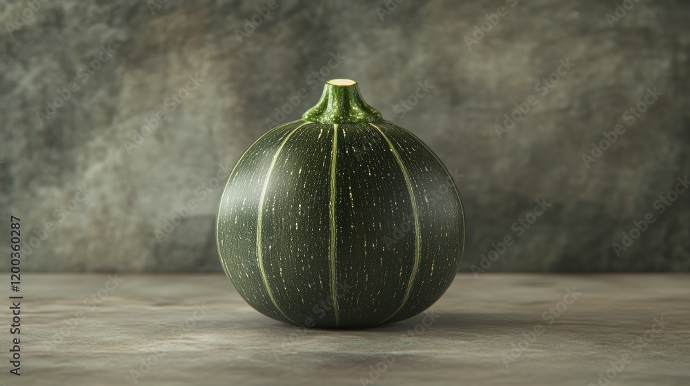 Single round dark green zucchini on grey background. Single round dark green zucchini on grey background.