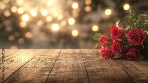 Wooden table with a bouquet of red roses, warm background and soft light.Romance. Love. Passion.ozy Valentine’s Day atmosphere.event, romantic design, love-filled space, cozy decor, holiday theme. photo