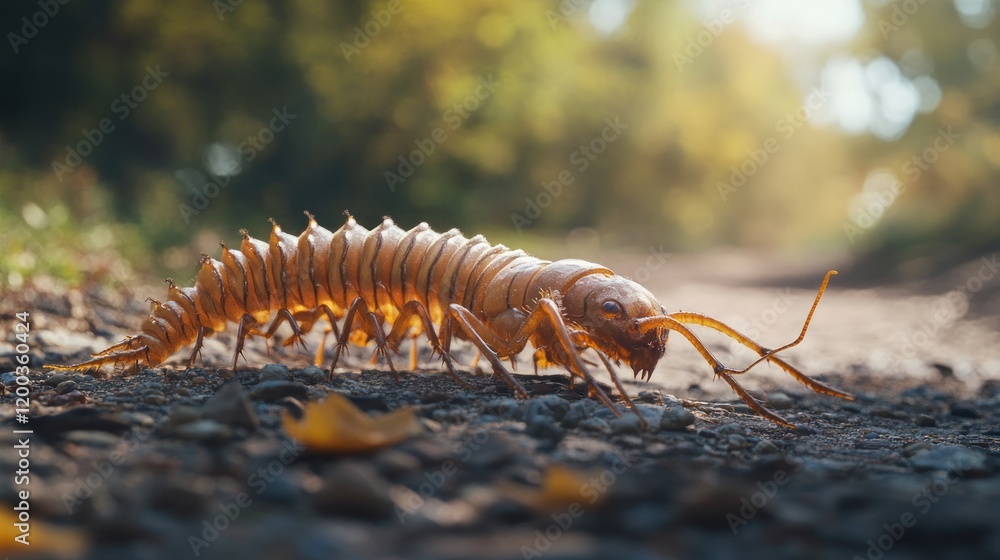 Fototapeta premium Close-up of a large, light brown centipede crawling on a dirt path in a forest.