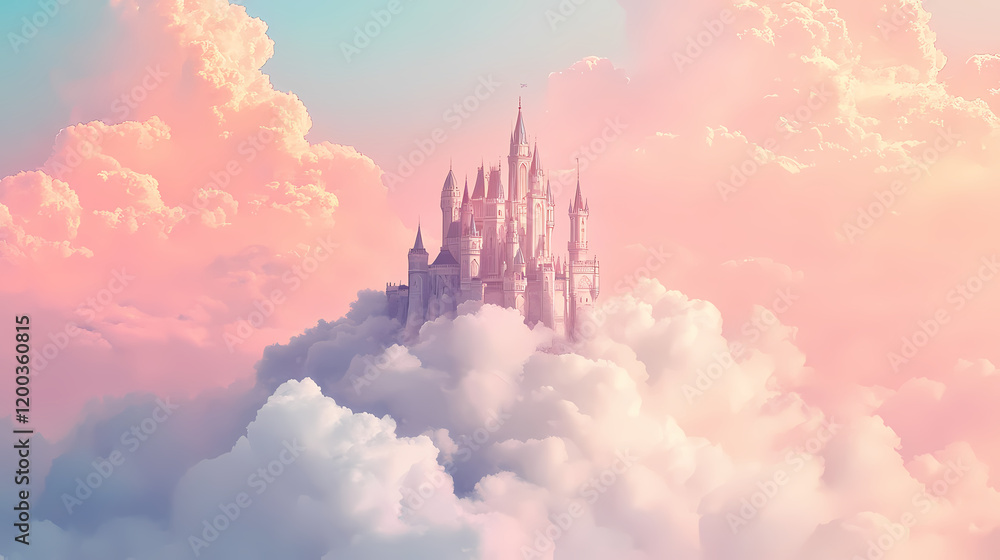 Fototapeta premium A magical castle sits atop a fluffy white cloud in a pastel pink and blue sky. Whimsical Cloud Castle. Illustration