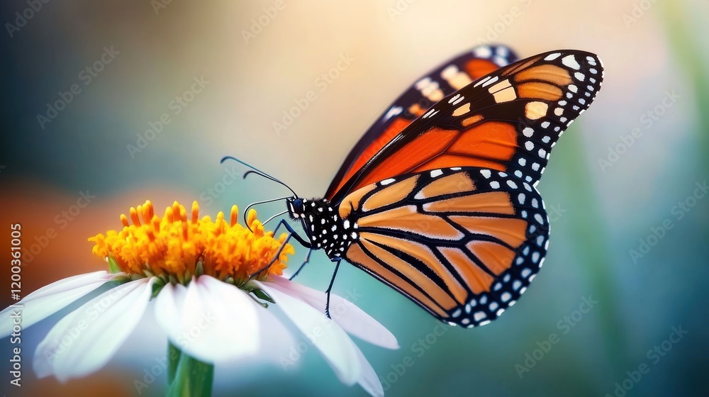 Fototapeta premium Monarch butterfly feeding on a white flower with orange center, close-up view.
