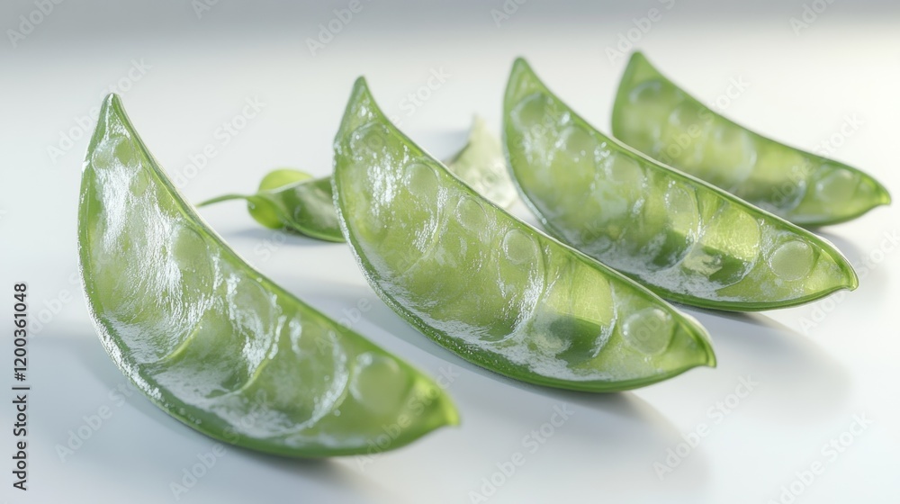 Obraz premium Four opened pea pods arranged on a white background, showcasing their vibrant green color and slightly frosted texture.