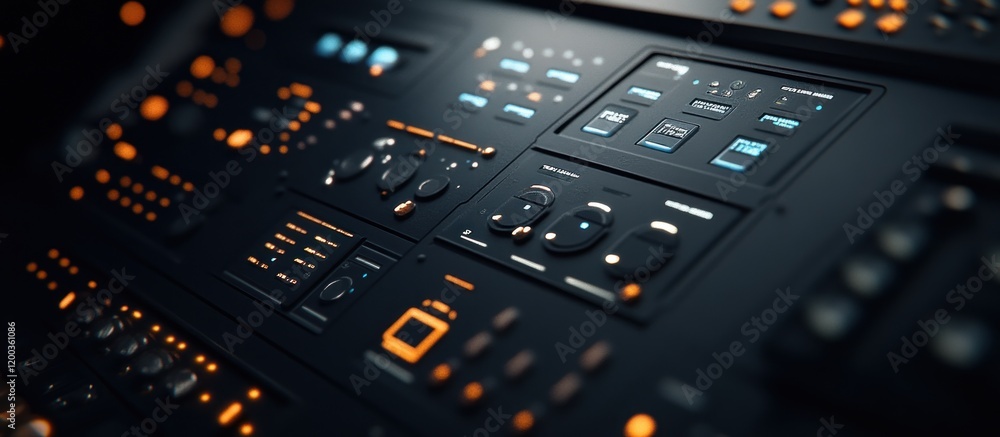 Futuristic control panel with buttons, knobs, and digital displays. Futuristic control panel with buttons, knobs, and digital displays.
