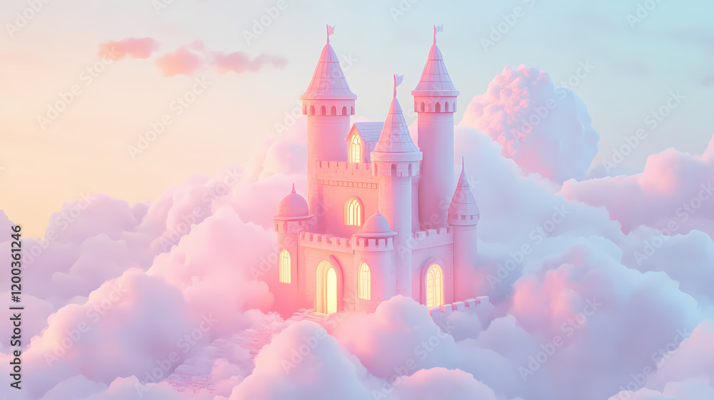 A whimsical castle emerges from fluffy clouds, glowing warmly in a dreamy landscape. Whimsical Cloud Castle. Illustration A whimsical castle emerges from fluffy clouds, glowing warmly in a dreamy landscape. Whimsical Cloud Castle. Illustration