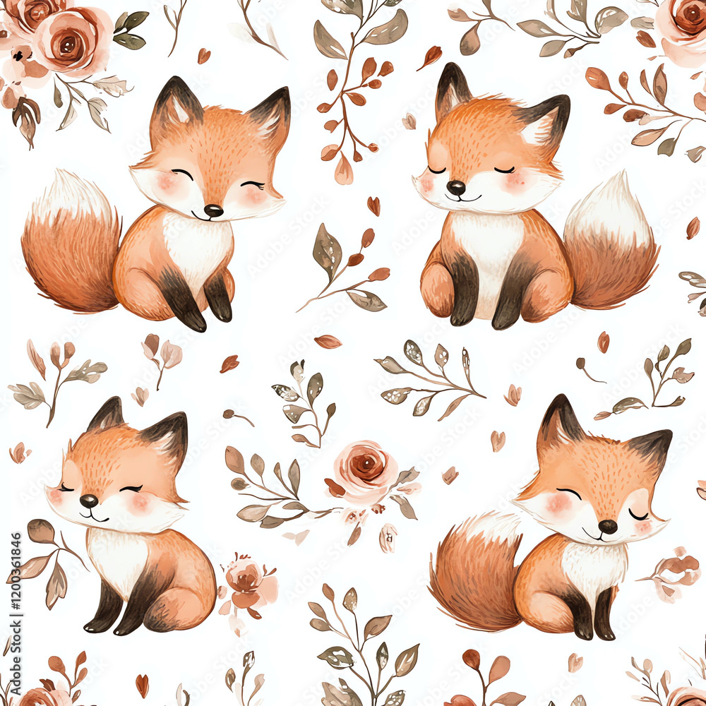 Four cute foxes are sitting on a white background with flowers and leaves Four cute foxes are sitting on a white background with flowers and leaves