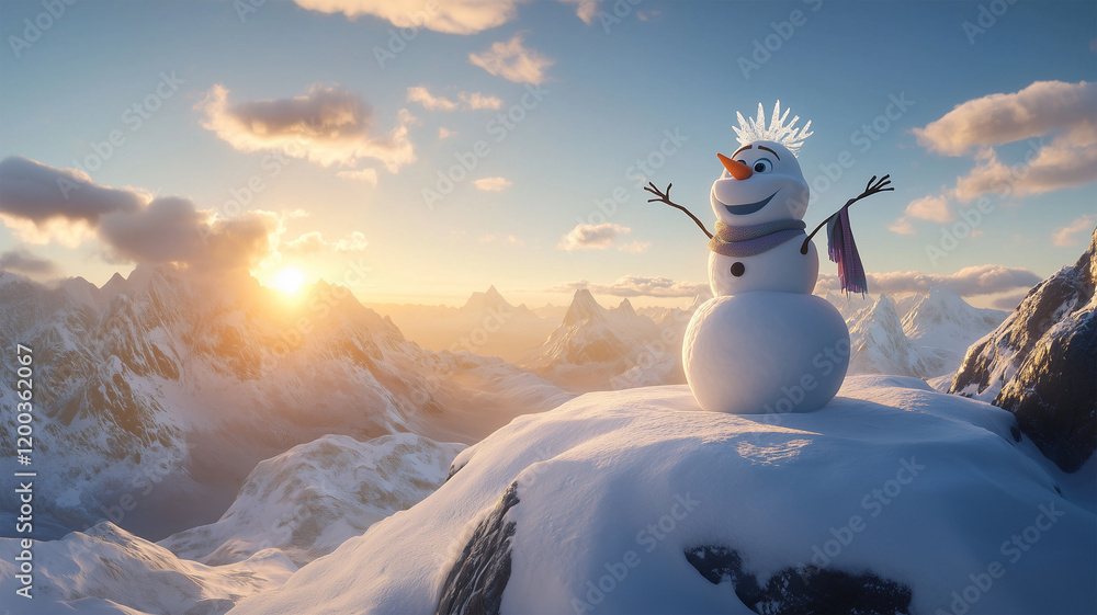 Obraz premium 雪山の頂に君臨するスノーマンが眺める壮大な冬景色
