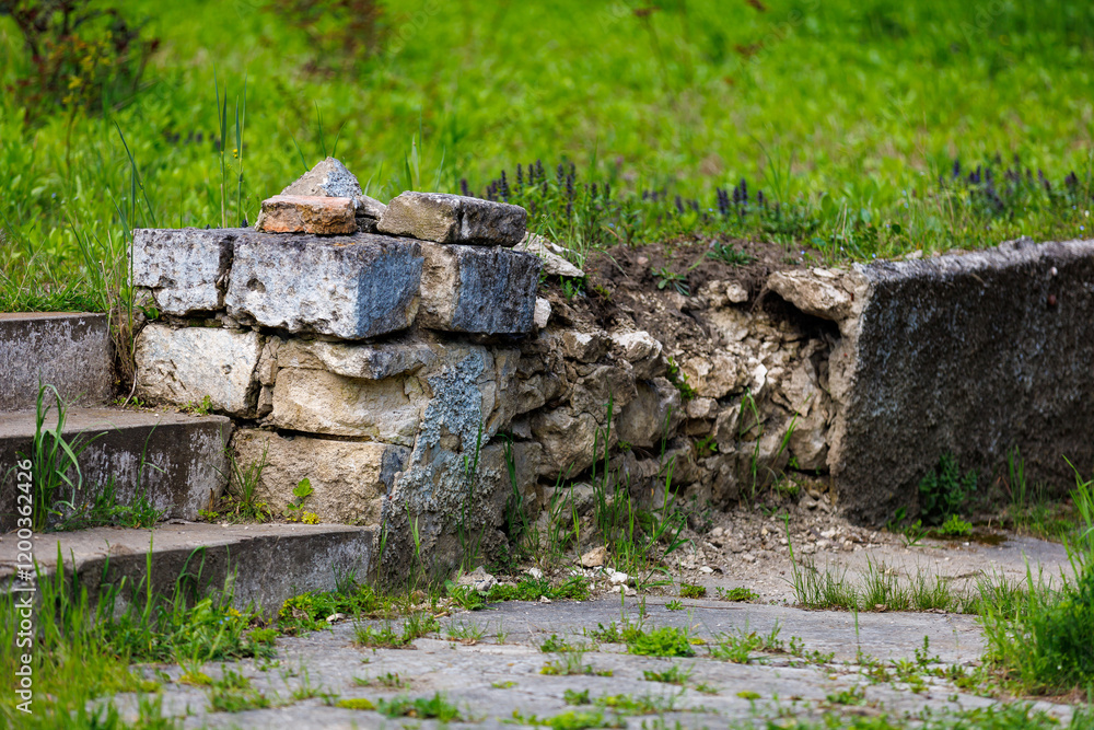 Weathered stone wall by overgrown steps in lush greenery
