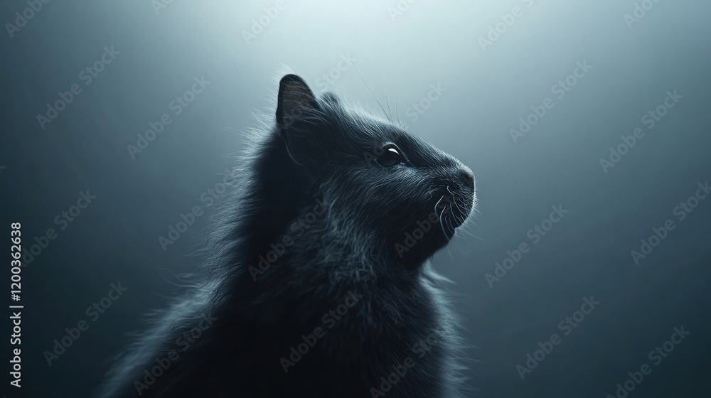 Majestic grey kitten in profile, softly lit against a hazy background. Majestic grey kitten in profile, softly lit against a hazy background.