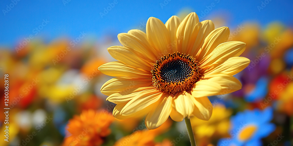 Obraz premium Vibrant yellow sunflower under a blue sky with a colorful field in the background. Generated with AI.
