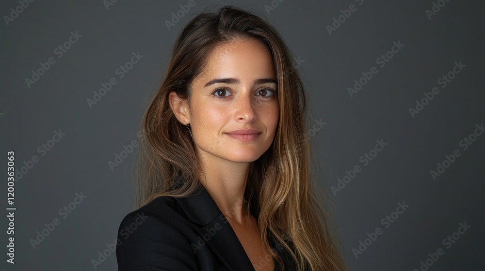 Fototapeta premium Confident young woman with long brown hair in a black blazer against a dark gray background.